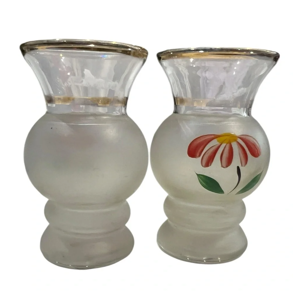 VTG - Bartlett Collins frosted glass vases - hand-painted pink flowers